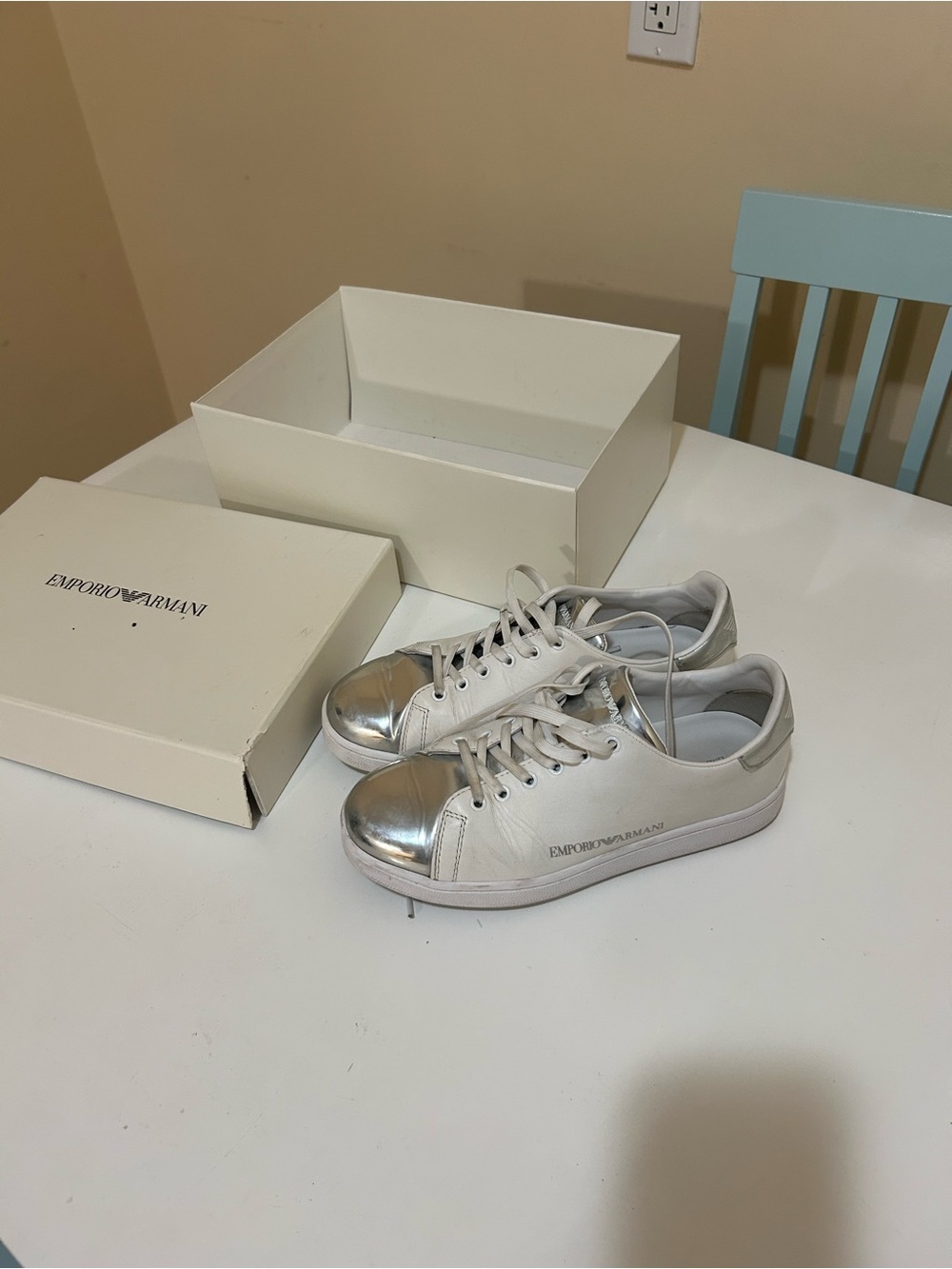 Emporio Armani White Sneakers with Silver Metallic Toe